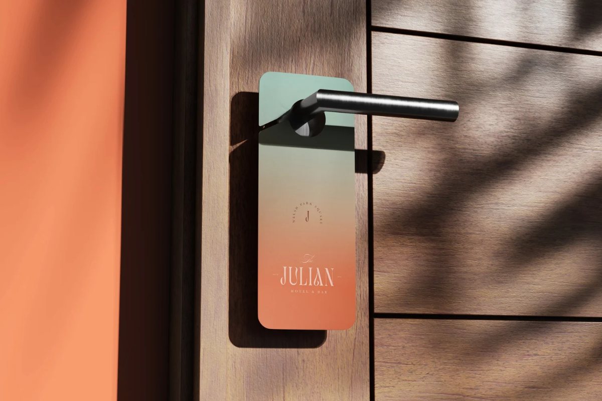 Julian Hotel and Bar door hanger on a modern hotel door
