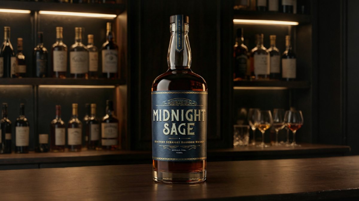 Midnight Sage bourbon bottle on a bar counter