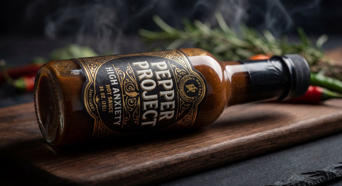 Pepper Project hot sauce bottle with chilies and herbs