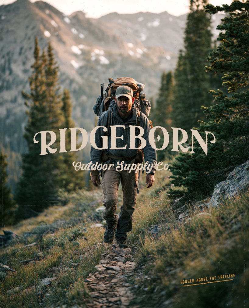 Hiker on a mountain trail with Ridgeborn branding