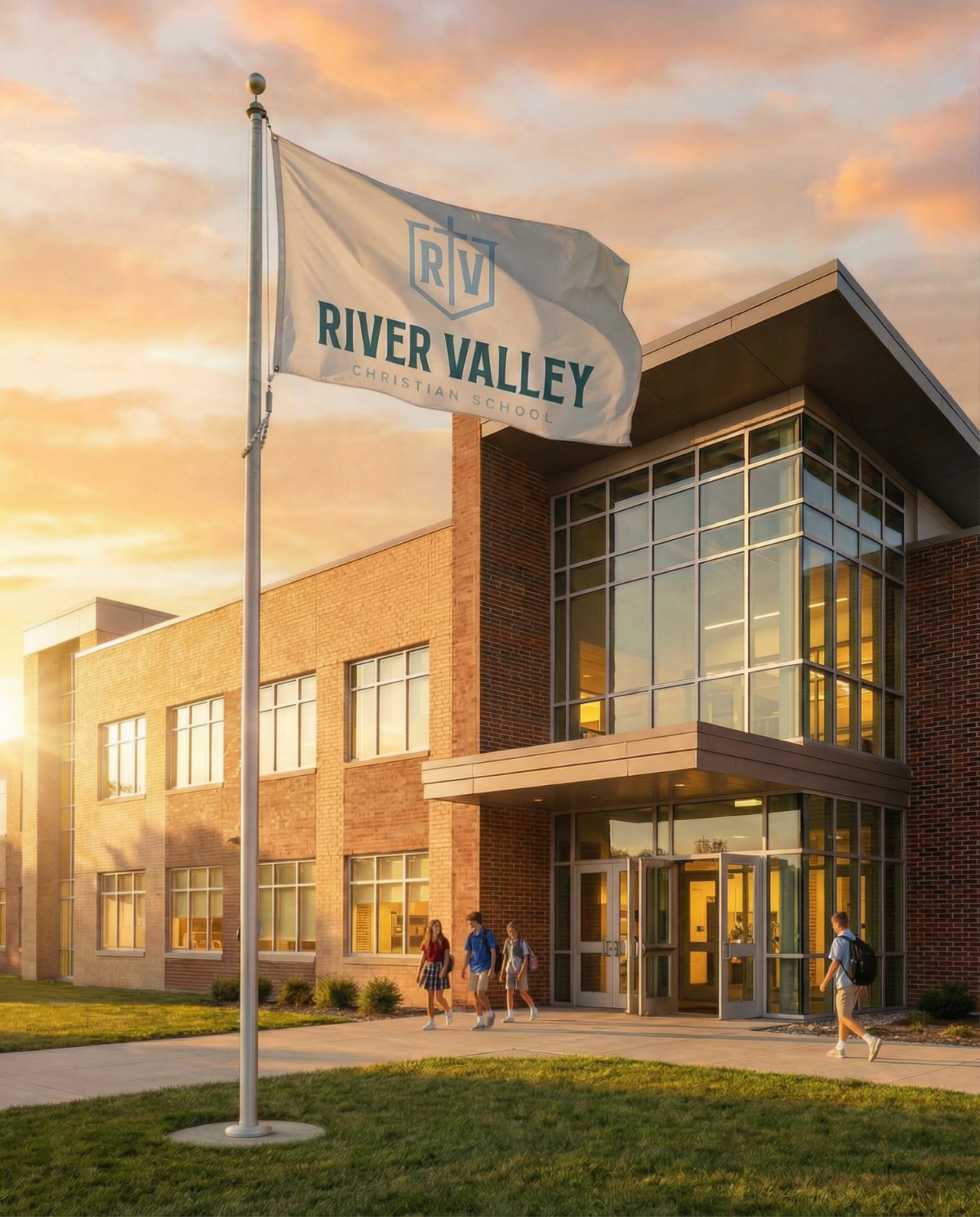 River Valley Christian School flag outside the building