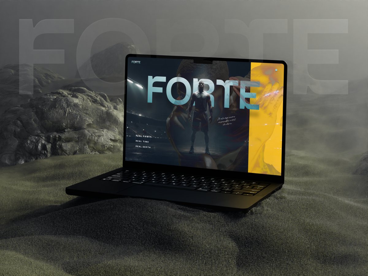 Forte performance website on a laptop in a rugged landscape